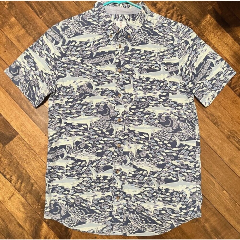 Vineyard Vines for Target Shark Print Short Sleeve Button Down Shirt Boys XL 16
